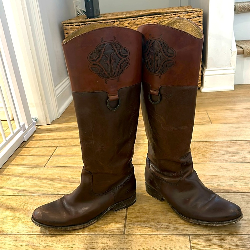 Brown FRYE leather below the knee boots.